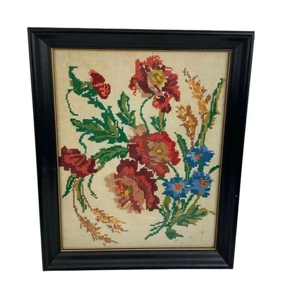 Vintage Framed Finished‎ Needlework Wall Hanging Picture Floral Cottagecore 1964